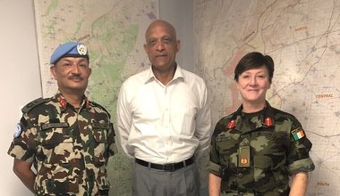 Maj Gen Shivaram Karil HoM/FC UNDOF and DFC UNDOF Brig Gen Maureen O Brien welcome Rtd Maj Gen Jai Menon to UNDOF on his Official visit